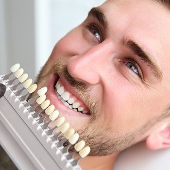 Man's smile compared with tooth color chart