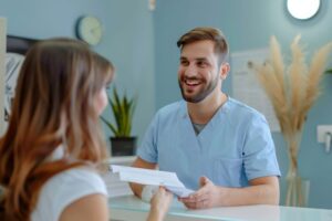 Patient giving paperwork to friendly dental team member