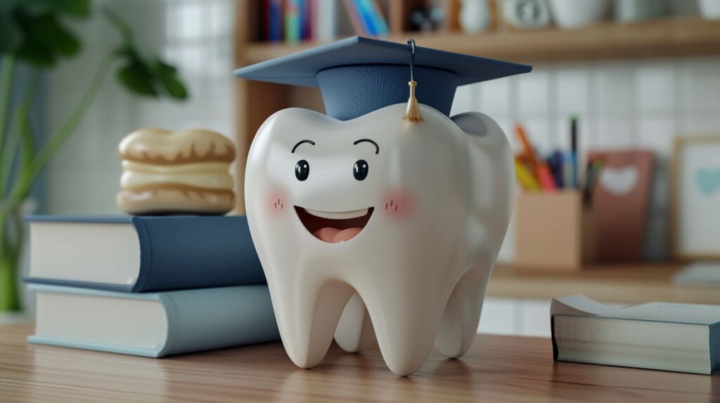 An AI tooth wearing a graduation cap